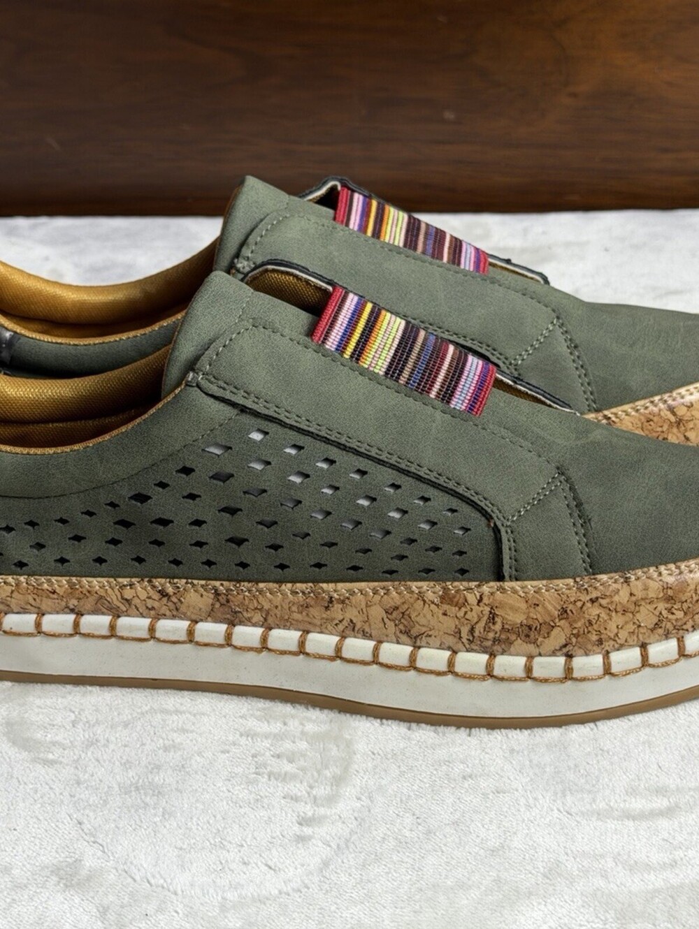 Olive Green Cork Platform Slip On Sneakers Perforated Womens Size 9 EU 40 27cm